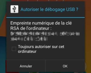Message demandant la confirmation du débogage USB